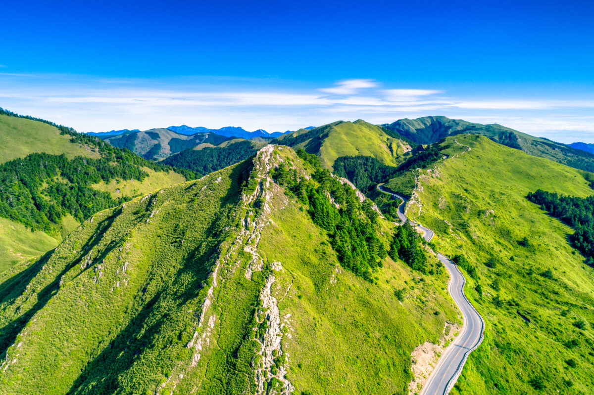 Aerial view of Hehuanshan and Qilai Mountain on the Trail Entrance of Shihmen Mountain, Taroko National Park, Taiwan