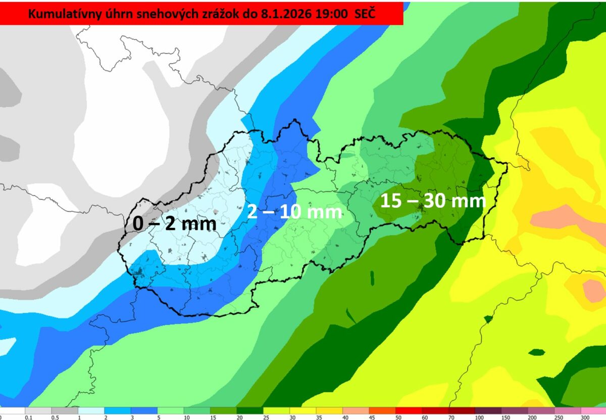 Predpoveď úhrnu snehových zrážok do 8. januára 19.00.