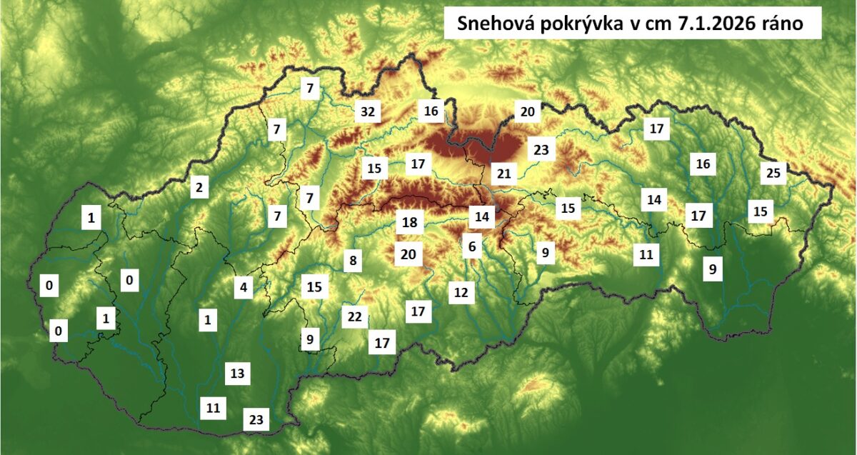Snehová pokrývka na Slovensku v stredu 7. januára ráno.