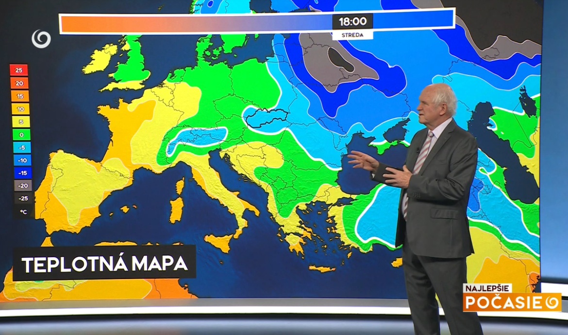 Teplotn&aacute; mapa meteorol&oacute;ga Petra Jurčoviča v rel&aacute;cii Najlep&scaron;ie počasie na TV Joj.