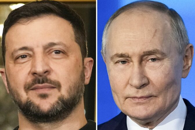Ukrajinský prezident Volodymyr Zelenskyj a šéf Kremľa Vladimir Putin.