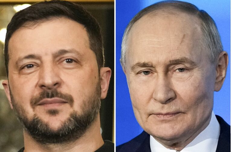 Ukrajinský prezident Volodymyr Zelenskyj a šéf Kremľa Vladimir Putin.