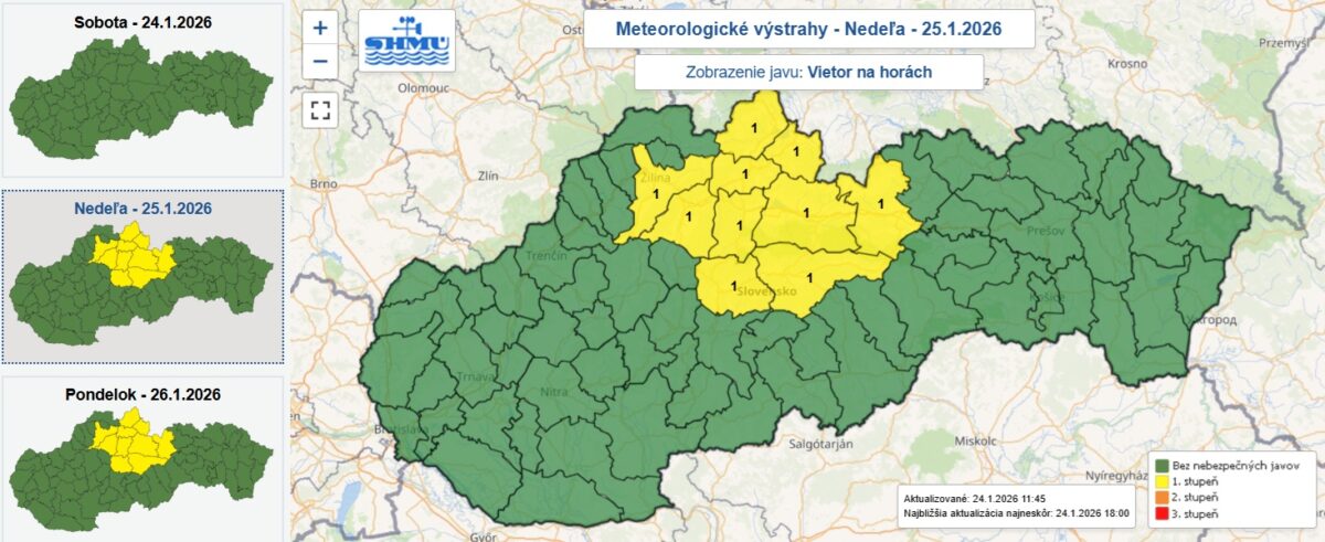 Varovanie pred silným vetrom na horách je pre žltou farbou označené okresy vydané od nedele 18.00 do pondelňajšej piatej hodiny rannej.
