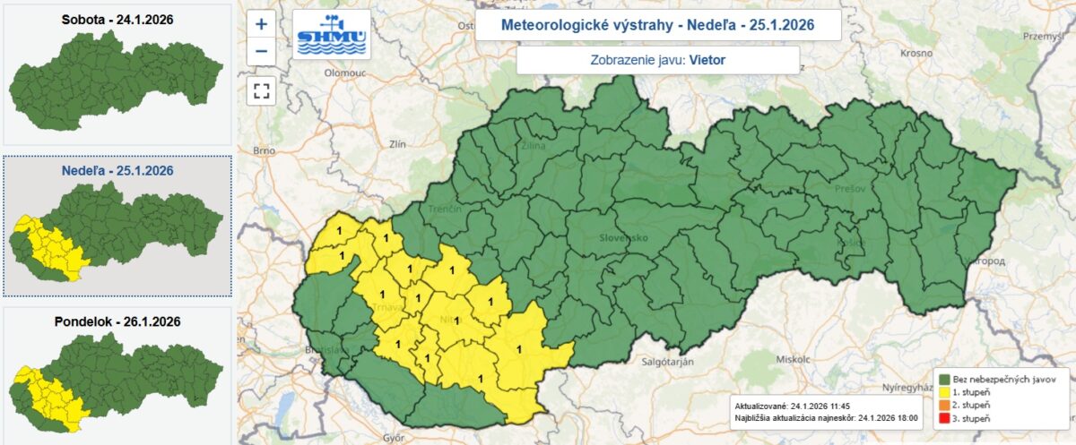 Varovanie prvého stupňa pred silným vetrom meteorológovia zo SHMÚ vydali pre 13 okresov.