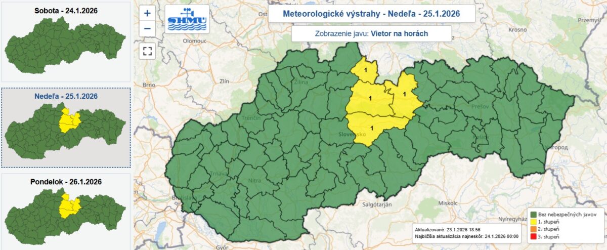 Vo vyšších polohách v štyroch okresoch Slovenska môže od nedele 18.00 do pondelku 5.00 silno fúkať a hrozí aj víchrica.