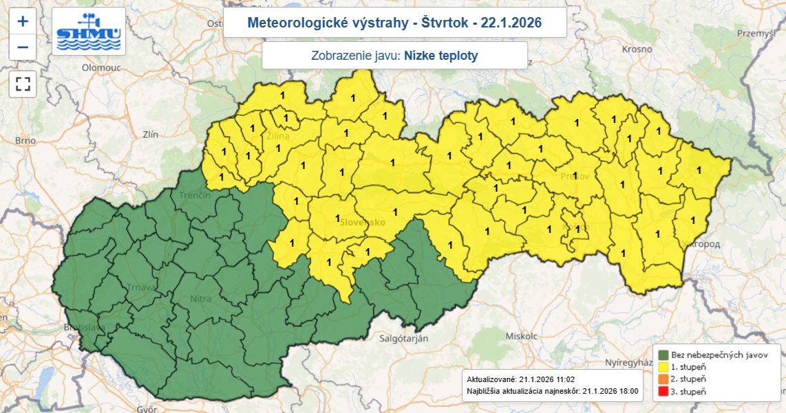 Výstraha pred nízkymi teplotami je na noc zo stredy na štvrtok vydaná pre 41 okresov Slovenska.