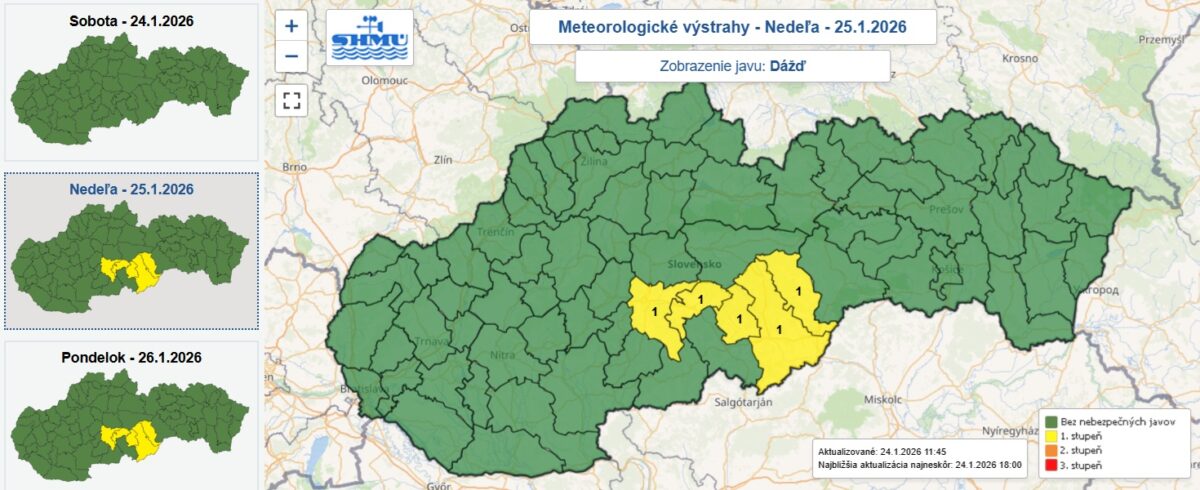 Výstraha prvého stupňa pred dažďom je od nedelu 15.00 do pondelňajšieho obeda vydaná pre 5 okresov Slovenska.