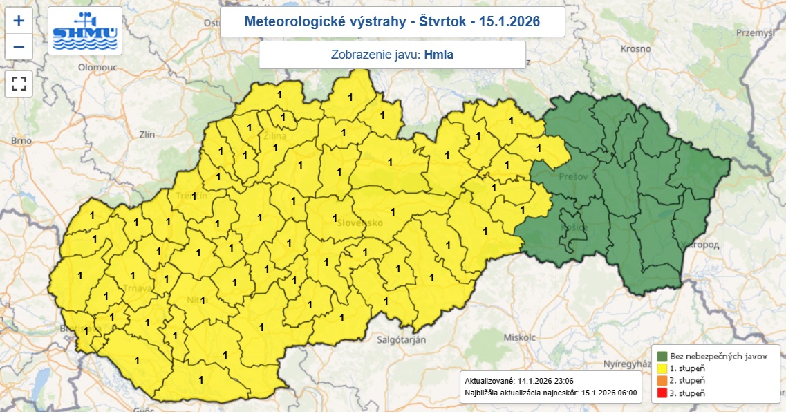 Výstraha prvého stupňa pred hmlou bola pre 59 okresov Slovenska vydaná do štvrtku 10.00.