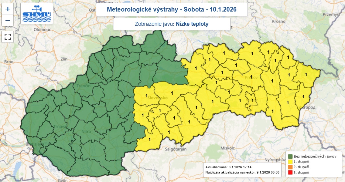 Výstraha prvého stupňa pred nízkymi teplotami je na noc z piatka na sobotu vydaná pre 30 okresov Slovenska.