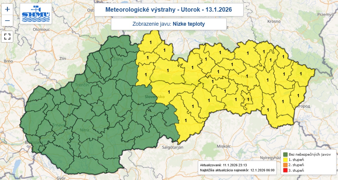 Výstraha prvého stupňa pred nízkymi teplotami je na noc z pondelka na utorok vydaná pre 29 okresov Slovenska a teplota tu môže klesnúť pod mínus 15 stupňov Celzia.
