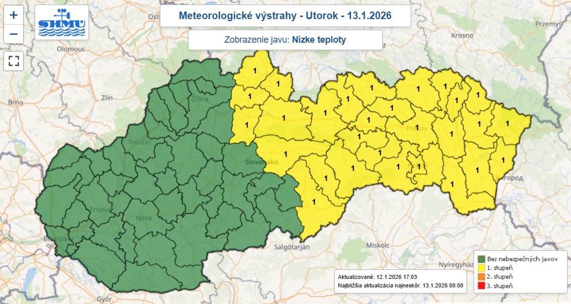 Výstraha prvého stupňa pred nízkymi teplotami je na noc z pondelka na utorok vydaná pre 29 okresov Slovenska.