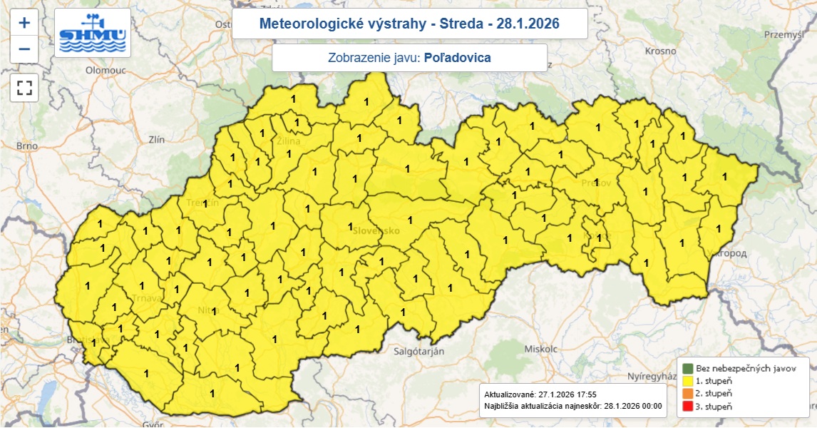 Výstraha prvého stupňa pred poľadovicou bola pre celé Slovensko vydaná do stredy 12.00.