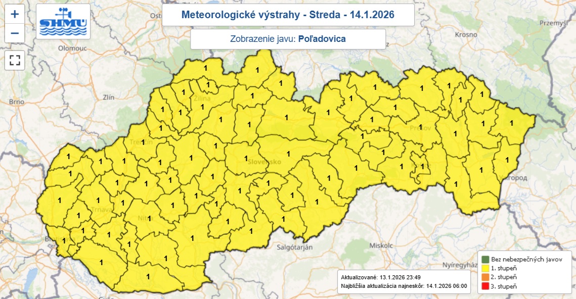 V&yacute;straha prv&eacute;ho stupňa pred poľadovicou je vydan&aacute; do stredy 14. janu&aacute;ra 12.00.