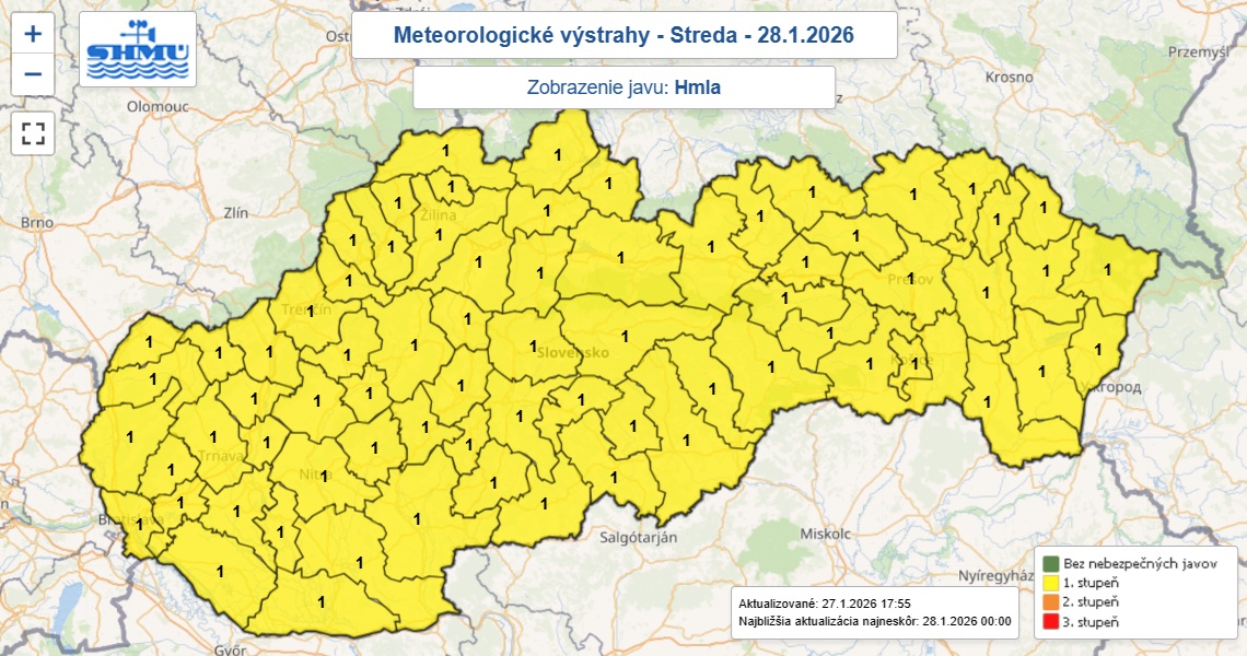 Výstrahu prvého stupňa pred hmlou vydal SHMÚ pre celé Slovensko do stredajšieho obeda.