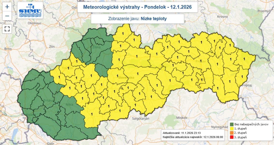 Výstrahu prvého stupňa pred nízkymi teplotami vydal SHMÚ na noc z nedele na pondelok pre 27 okresov Slovenska.