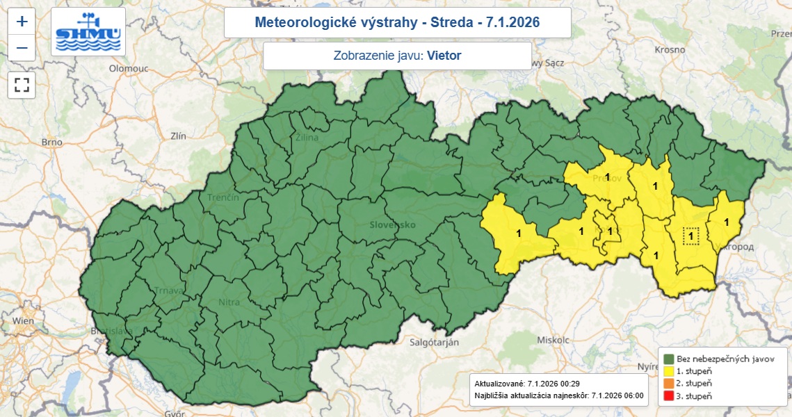 Výstrahu prvého stupňa pred silným vetrom vydal SHMÚ pre osem okresov na východe Slovenska.