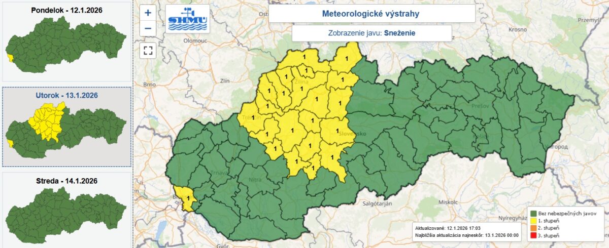 Výstrahu prvého stupňa pred snežením vydal SHMÚ pre 13 okresov Slovenska.