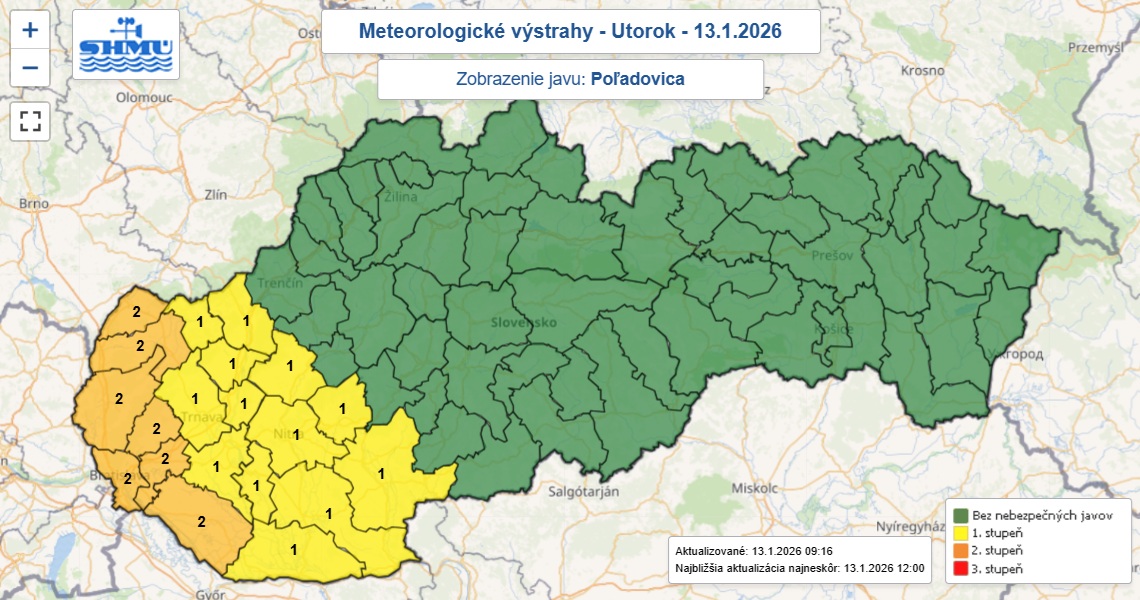 Výstrahy prvého a druhého stupňa pred poľadovicou vydané na utorok 13. januára 2026.
