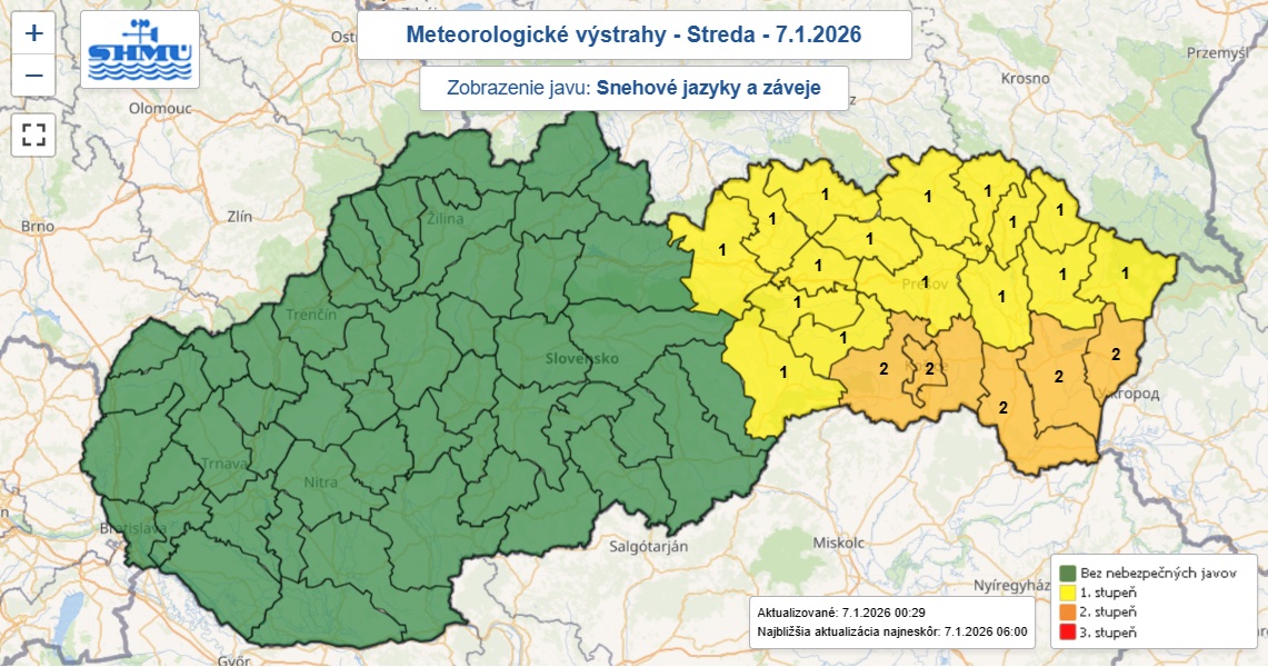 Výstrahy prvého a druhého stupňa pred tvorbou snehových jazykov a závejov.