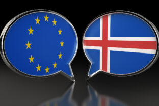 European Union and Iceland flags with Speech Bubbles. 3D illustration