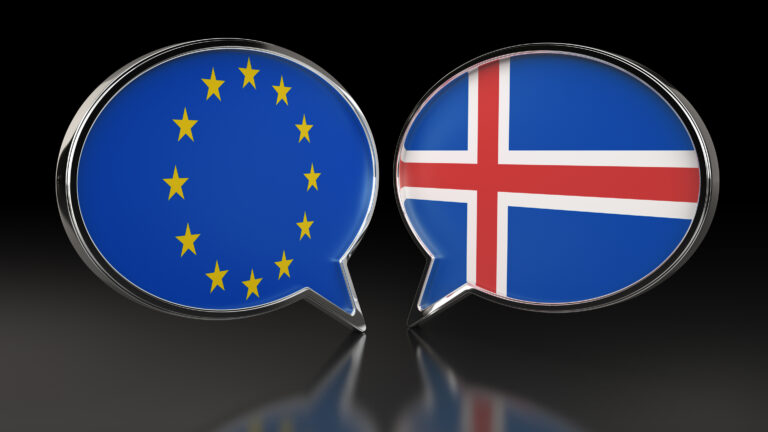 European Union and Iceland flags with Speech Bubbles. 3D illustration
