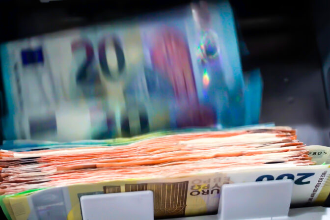 The Euro Currency Banknotes In A Currency Counting Machine