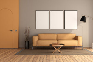 Poster mockup in a minimalist living room with frameless door