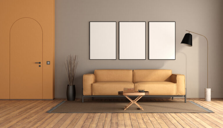 Poster mockup in a minimalist living room with frameless door