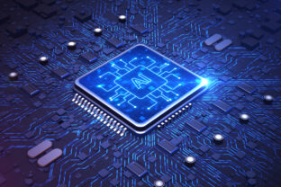 AI microchip embedded in an intricate blue circuit board, advanced artificial intelligence, futuristic computing, and digital innovation. Big data transmission connection background 3d Rendering