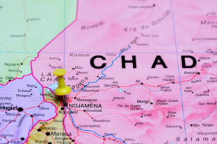 čad, chad, Ndjamena pinned on a map of Africa
