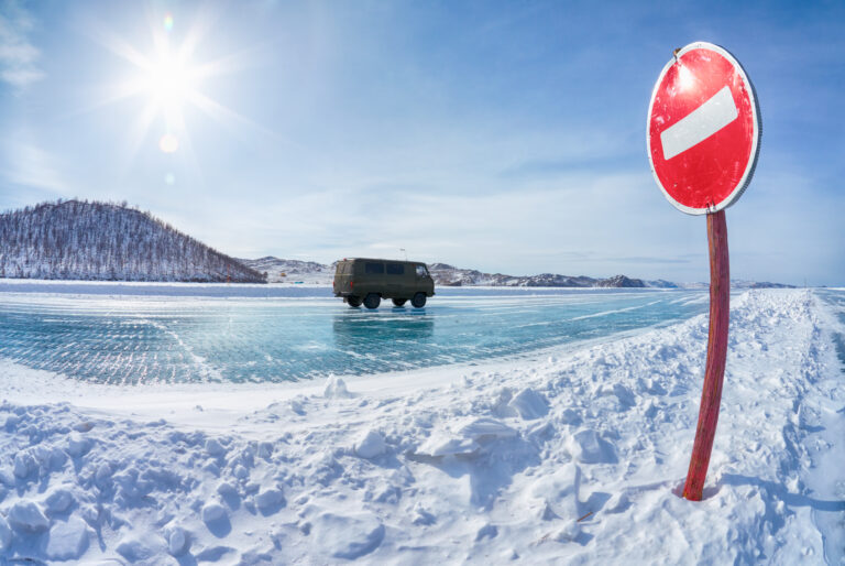 Traffic sign on Baikal ice