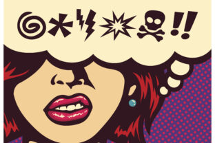 Nadávky, komiks, vulgarizmy,Pop art comic book panel with angry woman grinding teeth and speech bubble with swear word symbols vector