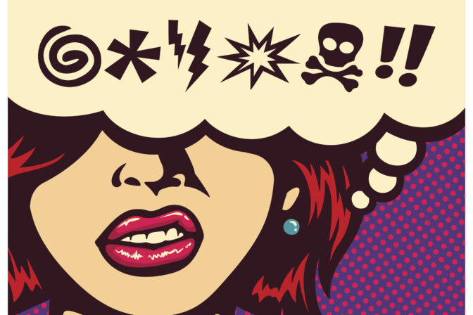 Nadávky, komiks, vulgarizmy,Pop art comic book panel with angry woman grinding teeth and speech bubble with swear word symbols vector