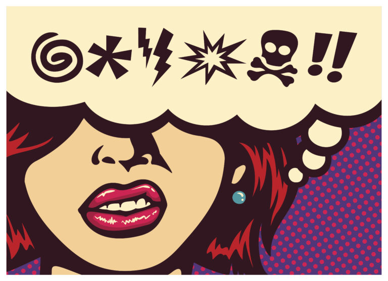Nadávky, komiks, vulgarizmy,Pop art comic book panel with angry woman grinding teeth and speech bubble with swear word symbols vector