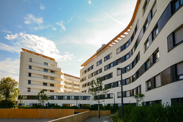 New residential and commercial building with modern facade in the city