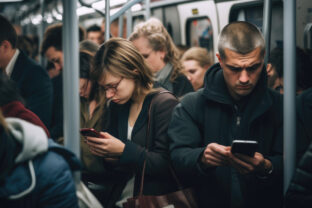 Train cabin during a rush hour full of people where everybody looking down on their highlighted cellphone screens