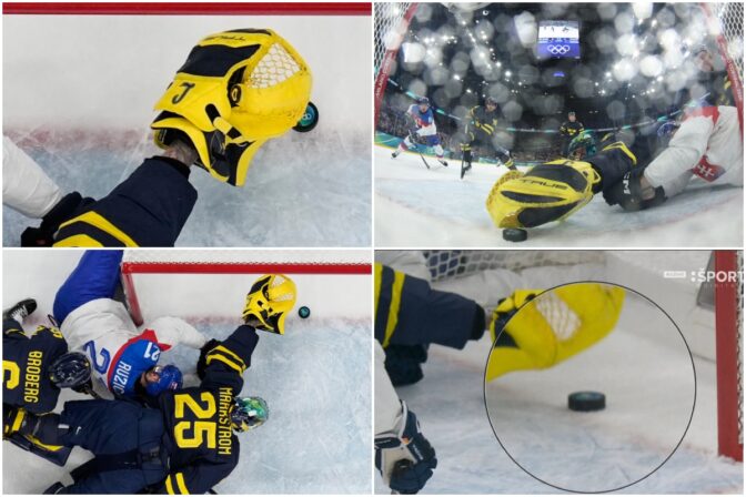 Sporný moment v závere prvej tretiny zápasu Slovenska proti Švédsku, puk zastal tesne pri bránkovej čiare a rozhodcovia usúdili, že gól to nebol. Miláno (Santa Giulia Ice Hockey Arena), 14. február 2026.