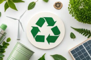 A flat lay of eco friendly items featuring a recycling symbol, wind turbine, solar panel, and various green leaves, promoting sustainability and environmental awareness.