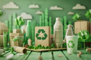 A 3D rendering of a miniature paper crafted city scene with various eco friendly products like plastic bottles, a tube of lotion, a carton, and a paper cup. The scene features a green recycling symbol on a cardboard box and green trees made of paper.