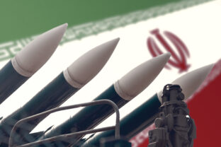 Cruise missiles on the background of the flag of Iran. The concept of a military conflict in the Persian Gulf.