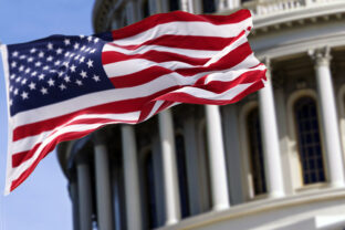 The flag of the united states of america flying in front of the capitol building blurred in the background