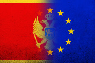 Flag of the European Union with National flag of Montenegro. Grunge background