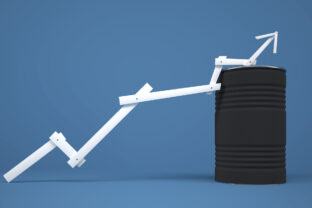 Many stacked barrels as industry symbol with arrow - 3D Illustration
