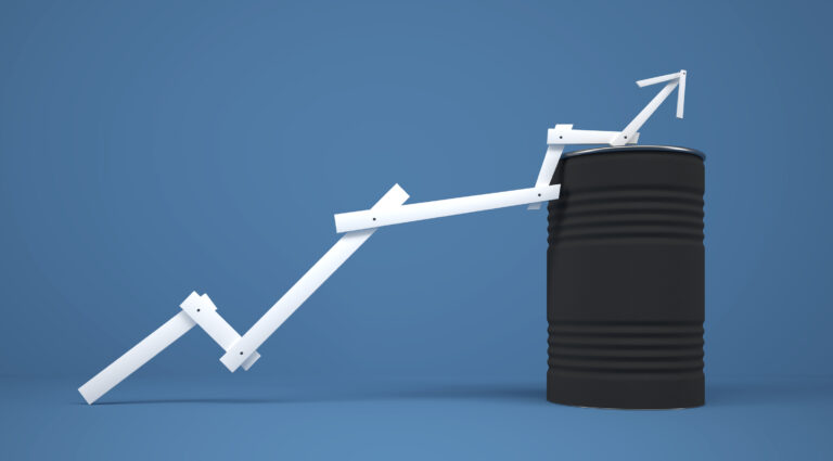 Many stacked barrels as industry symbol with arrow - 3D Illustration