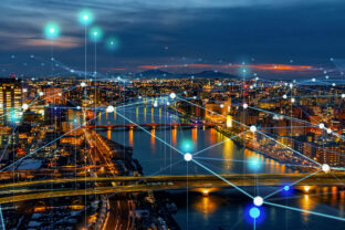 Modern cityscape and communication network concept. Telecommunication. IoT (Internet of Things). ICT (Information communication Technology). 5G. Smart city. Digital transformation.
