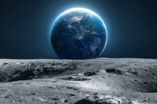 Moon and Earth. Moon with craters in deep black space. Moonwalk. Earth at night. Elements of this image furnished by NASA