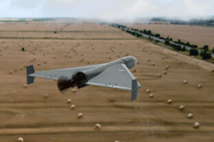 Shahed combat drone flying over fields of Ukraine, aerial view, drone attack, war in Ukraine, 3d render.