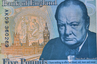 A portrait of winston churchill on an england banknote