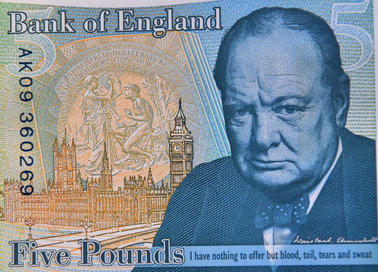 A portrait of winston churchill on an england banknote