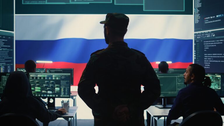 Russian military personnel in high tech government office